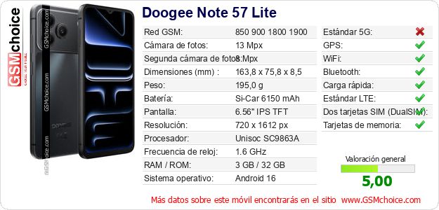Doogee Note 57 Lite Datos técnicos del móvil Doogee Note 57 Lite Datos técnicos del móvil