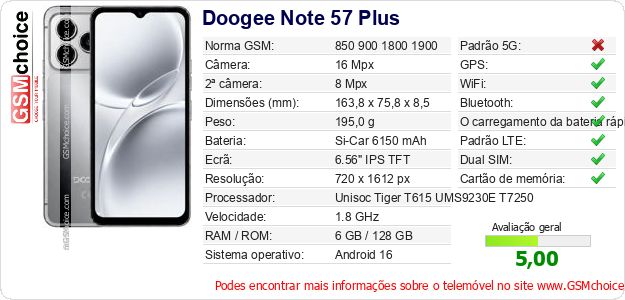 Doogee Note 57 Plus Especificações técnicas do telemóvel Doogee Note 57 Plus Especificações técnicas do telemóvel