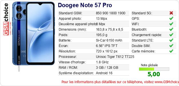 Doogee Note 57 Pro Fiche technique