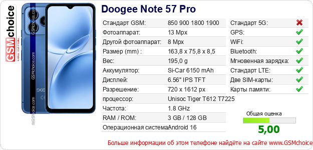 Doogee Note 57 Pro Технические данные телефона Doogee Note 57 Pro Технические данные телефона