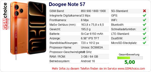 Doogee Note 57 technische Daten Doogee Note 57 technische Daten