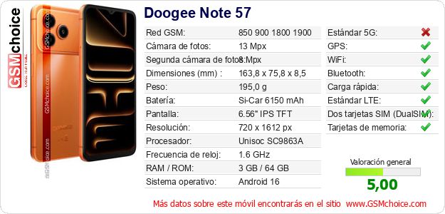 Doogee Note 57 Datos técnicos del móvil Doogee Note 57 Datos técnicos del móvil