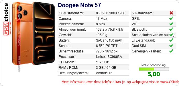 Doogee Note 57 Technische gegevens Doogee Note 57 Technische gegevens