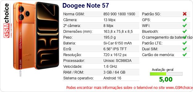 Doogee Note 57 Especificações técnicas do telemóvel Doogee Note 57 Especificações técnicas do telemóvel