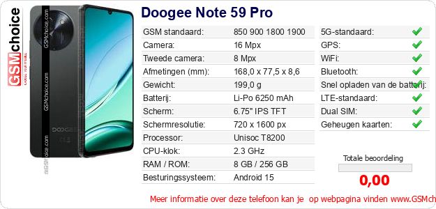Doogee Note 59 Pro Technische gegevens 