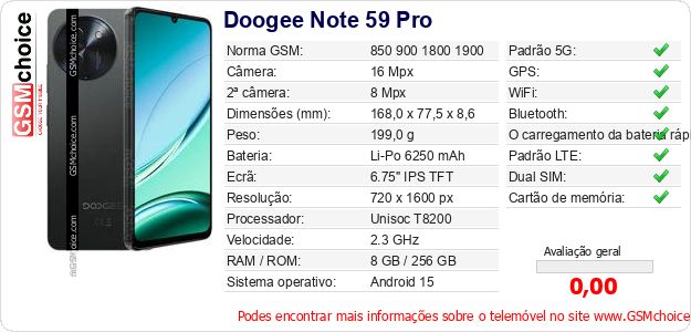 Doogee Note 59 Pro Especificações técnicas do telemóvel 