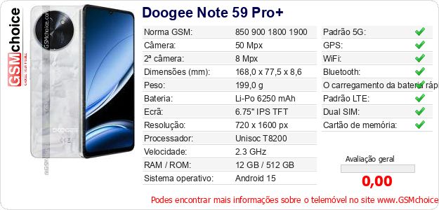 Doogee Note 59 Pro+ Especificações técnicas do telemóvel 