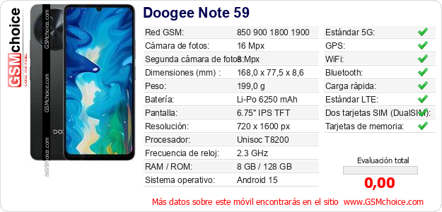 Doogee Note 59 Datos técnicos del móvil  Doogee Note 59 Datos técnicos del móvil