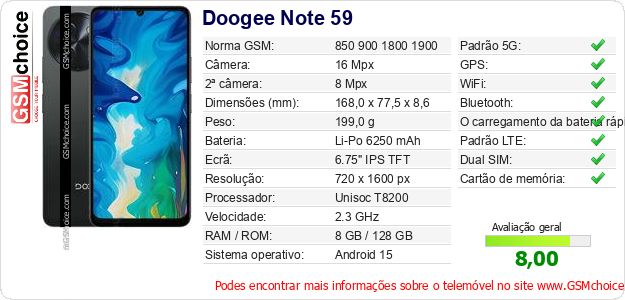 Doogee Note 59 Especificações técnicas do telemóvel 