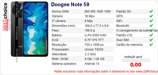 Doogee Note 59 Especificações técnicas do telemóvel  Doogee Note 59 Especificações técnicas do telemóvel