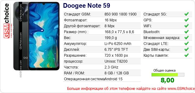 Doogee Note 59 Технические данные телефона Doogee Note 59 Технические данные телефона