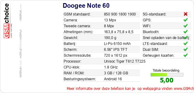 Doogee Note 60 Technische gegevens Doogee Note 60 Technische gegevens
