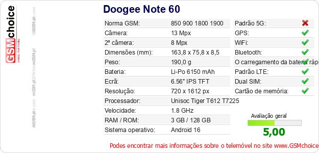 Doogee Note 60 Especificações técnicas do telemóvel Doogee Note 60 Especificações técnicas do telemóvel