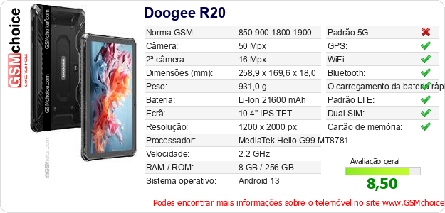 Doogee R20 Especificações técnicas do telemóvel 