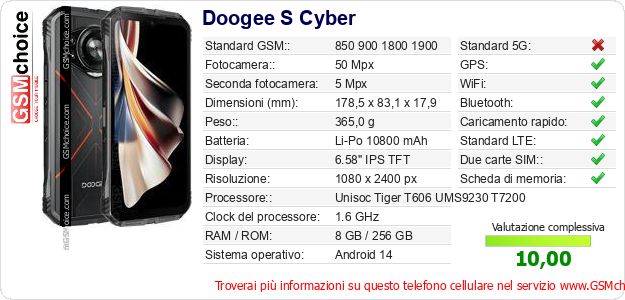 Doogee S Cyber Dati tecnici di telefono cellulare Doogee S Cyber Dati tecnici di telefono cellulare