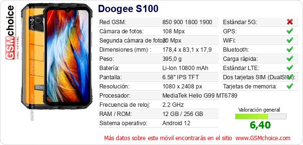 Doogee S100 Datos técnicos del móvil 
