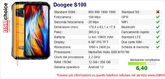 Doogee S100 Dati tecnici di telefono cellulare Doogee S100 Dati tecnici di telefono cellulare