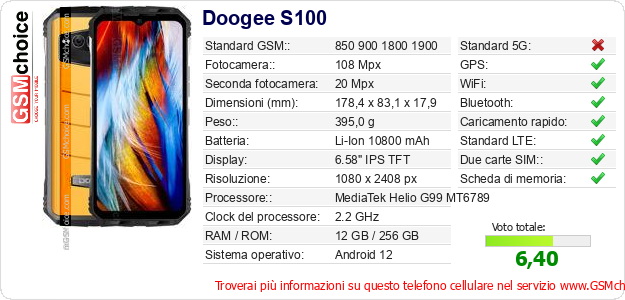 Doogee S100 Dati tecnici di telefono cellulare 