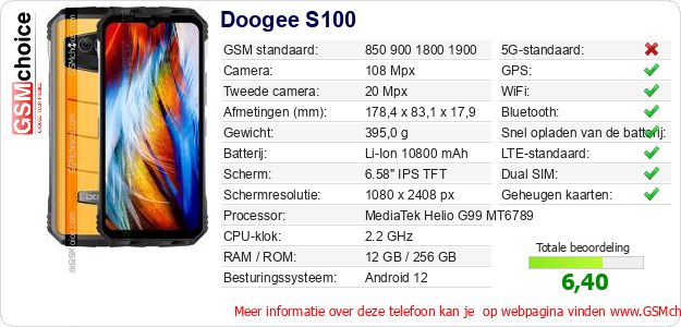 Doogee S100 Technische gegevens 