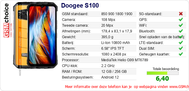 Doogee S100 Technische gegevens Doogee S100 Technische gegevens