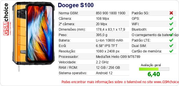 Doogee S100 Especificações técnicas do telemóvel Doogee S100 Especificações técnicas do telemóvel