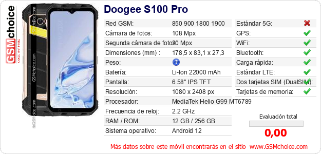 Doogee S100 Pro Datos técnicos del móvil Doogee S100 Pro Datos técnicos del móvil