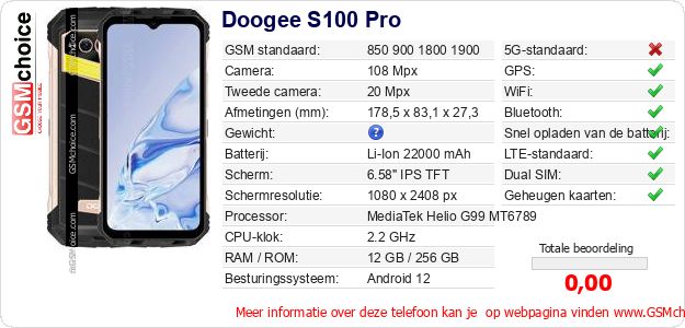 Doogee S100 Pro Technische gegevens Doogee S100 Pro Technische gegevens