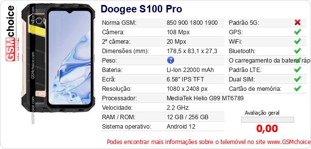 Doogee S100 Pro Especificações técnicas do telemóvel 