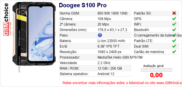 Doogee S100 Pro Especificações técnicas do telemóvel 