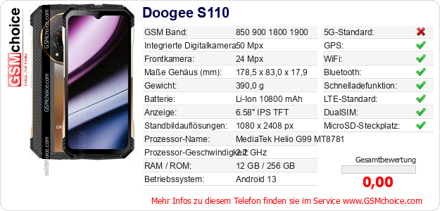 Doogee S110 technische Daten Doogee S110 technische Daten