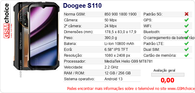 Doogee S110 Especificações técnicas do telemóvel 