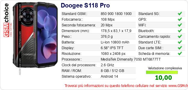 Doogee S118 Pro Dati tecnici di telefono cellulare Doogee S118 Pro Dati tecnici di telefono cellulare