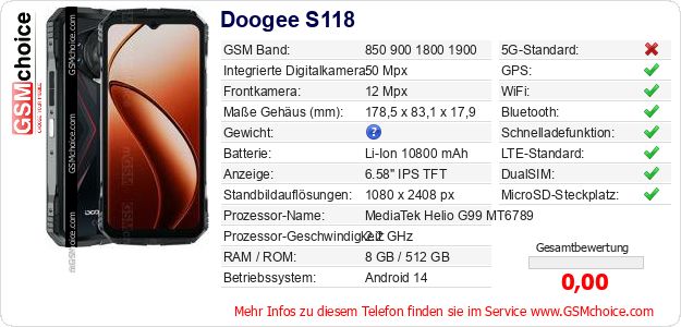 Doogee S118 technische Daten Doogee S118 technische Daten