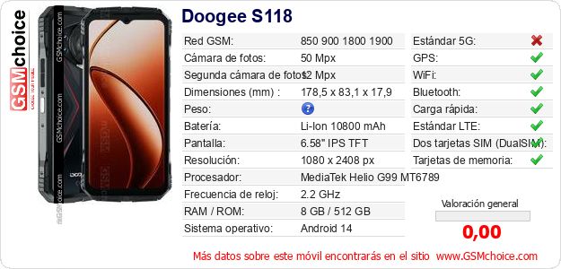 Doogee S118 Datos técnicos del móvil Doogee S118 Datos técnicos del móvil