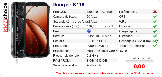 Doogee S118 Datos técnicos del móvil Doogee S118 Datos técnicos del móvil