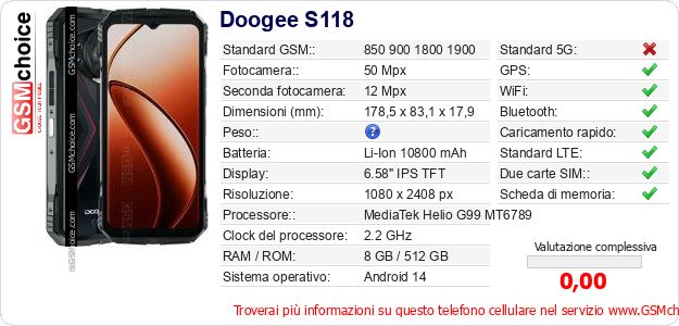 Doogee S118 Dati tecnici di telefono cellulare Doogee S118 Dati tecnici di telefono cellulare