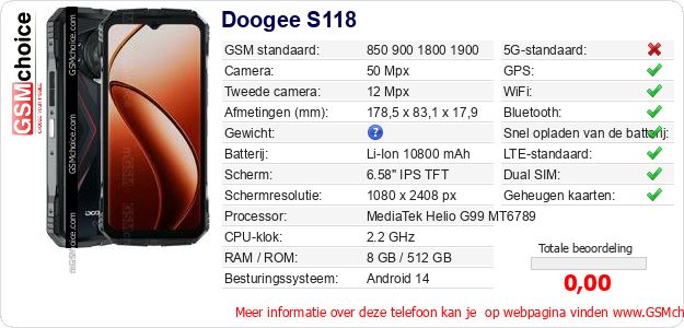 Doogee S118 Technische gegevens Doogee S118 Technische gegevens