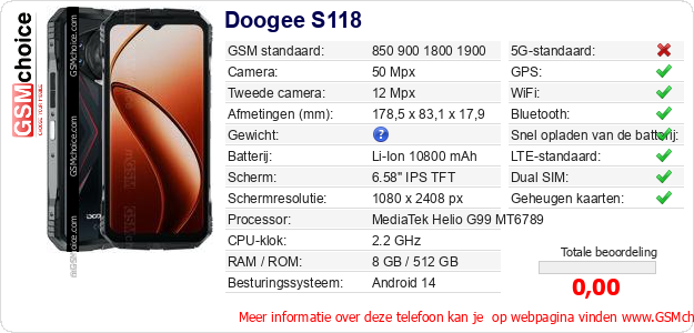 Doogee S118 Technische gegevens Doogee S118 Technische gegevens