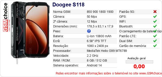 Doogee S118 Especificações técnicas do telemóvel 
