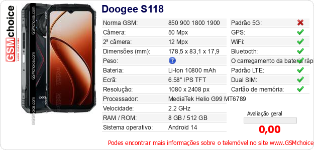 Doogee S118 Especificações técnicas do telemóvel 