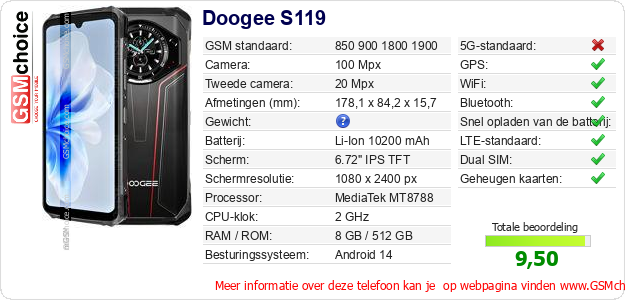 Doogee S119 Technische gegevens Doogee S119 Technische gegevens