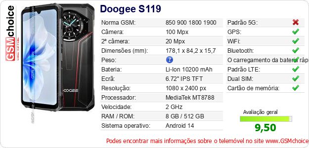 Doogee S119 Especificações técnicas do telemóvel Doogee S119 Especificações técnicas do telemóvel