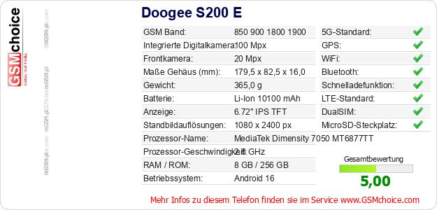 Doogee S200 E technische Daten Doogee S200 E technische Daten