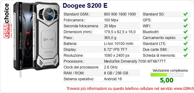 Doogee S200 E Dati tecnici di telefono cellulare Doogee S200 E Dati tecnici di telefono cellulare