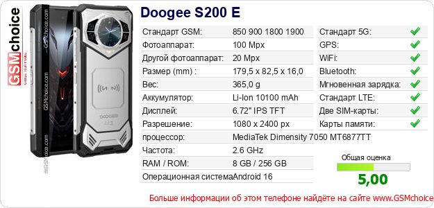 Doogee S200 E Технические данные телефона Doogee S200 E Технические данные телефона