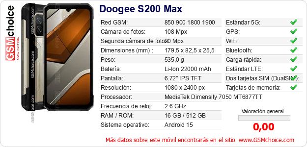 Doogee S200 Max Datos técnicos del móvil Doogee S200 Max Datos técnicos del móvil