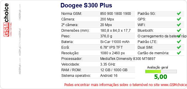 Doogee S300 Plus Especificações técnicas do telemóvel Doogee S300 Plus Especificações técnicas do telemóvel