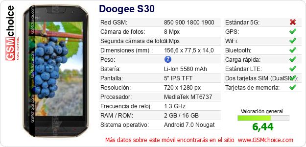Doogee S30 Datos técnicos del móvil 