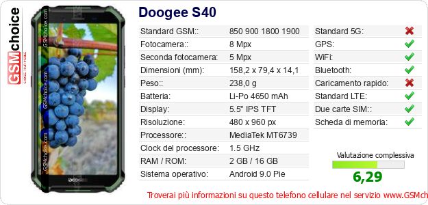 Doogee S40 Dati tecnici di telefono cellulare 