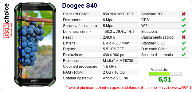 Doogee S40 Dati tecnici di telefono cellulare 